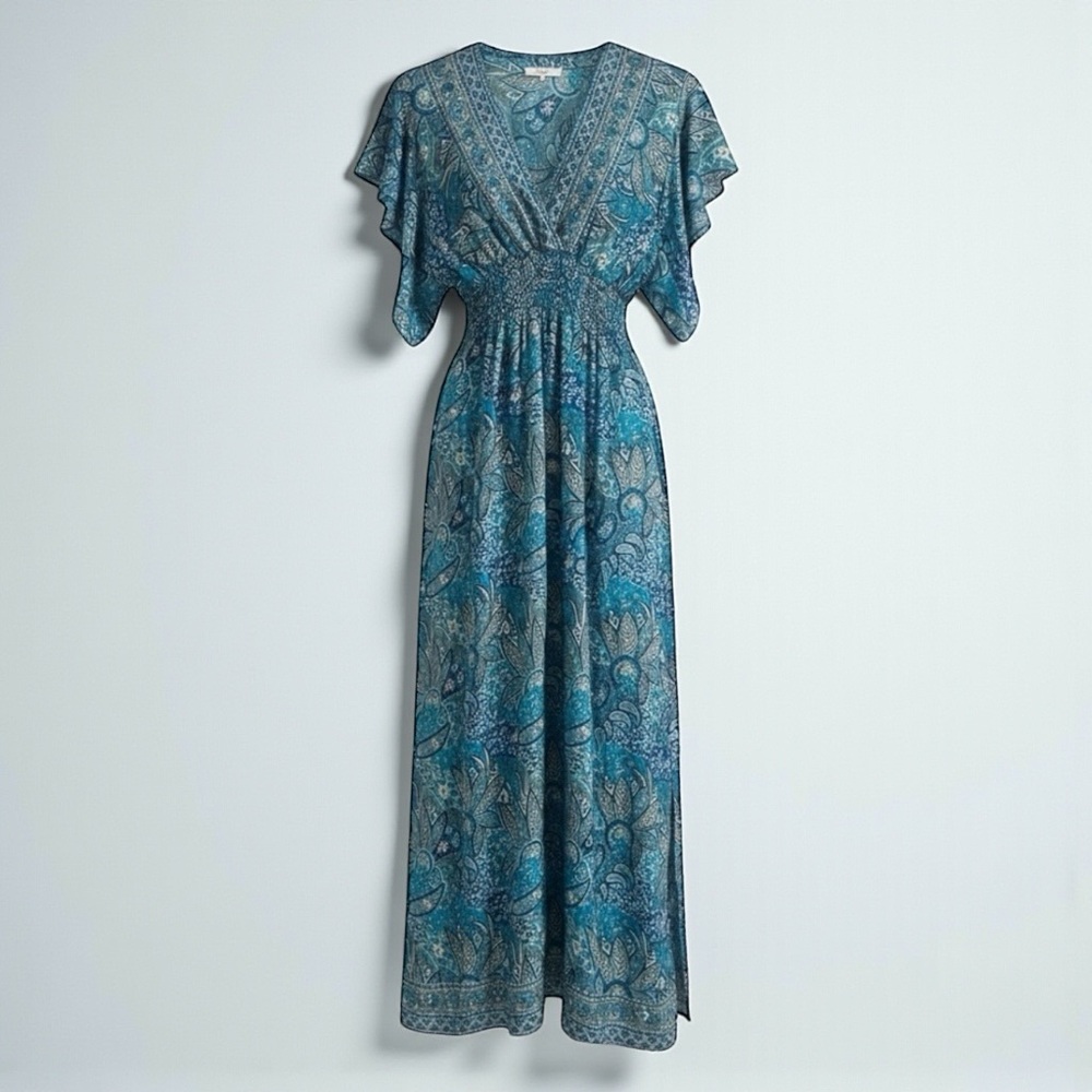 Teal Paisley Boho Maxi Dress Smocked Waist Flutter Sleeve Small NWOT